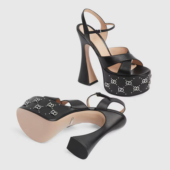 Gucci Janaya Black Interlocking G Studs 40.5/ US 10.5 Heels Platform Sandals NIB - Picture 4 of 16